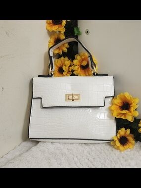 Structured White Croc-Embossed Top Handle Satchel with Gold Hardware